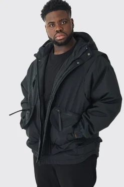 Plus Hooded Utility Tech Parka Jacket In Black | BoohooMAN UK