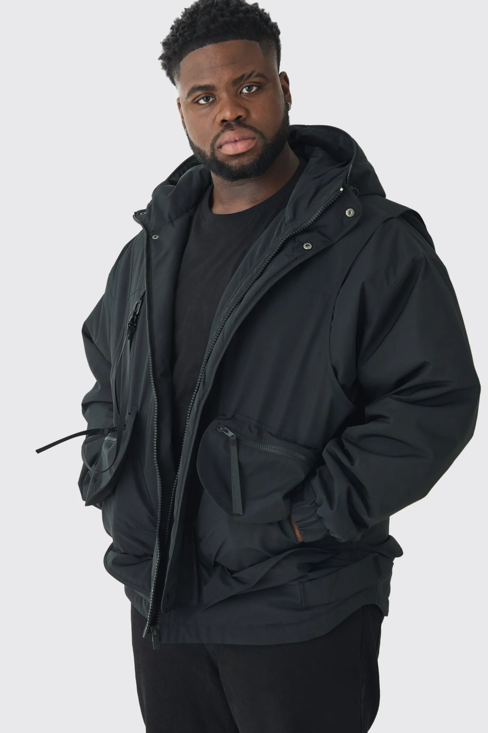 Plus Hooded Utility Tech Parka Jacket In Black | BoohooMAN UK