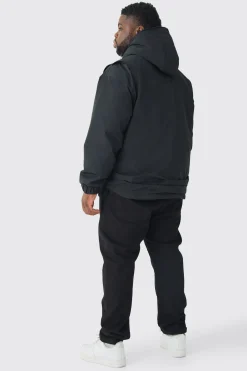Plus Hooded Utility Tech Parka Jacket In Black | BoohooMAN UK