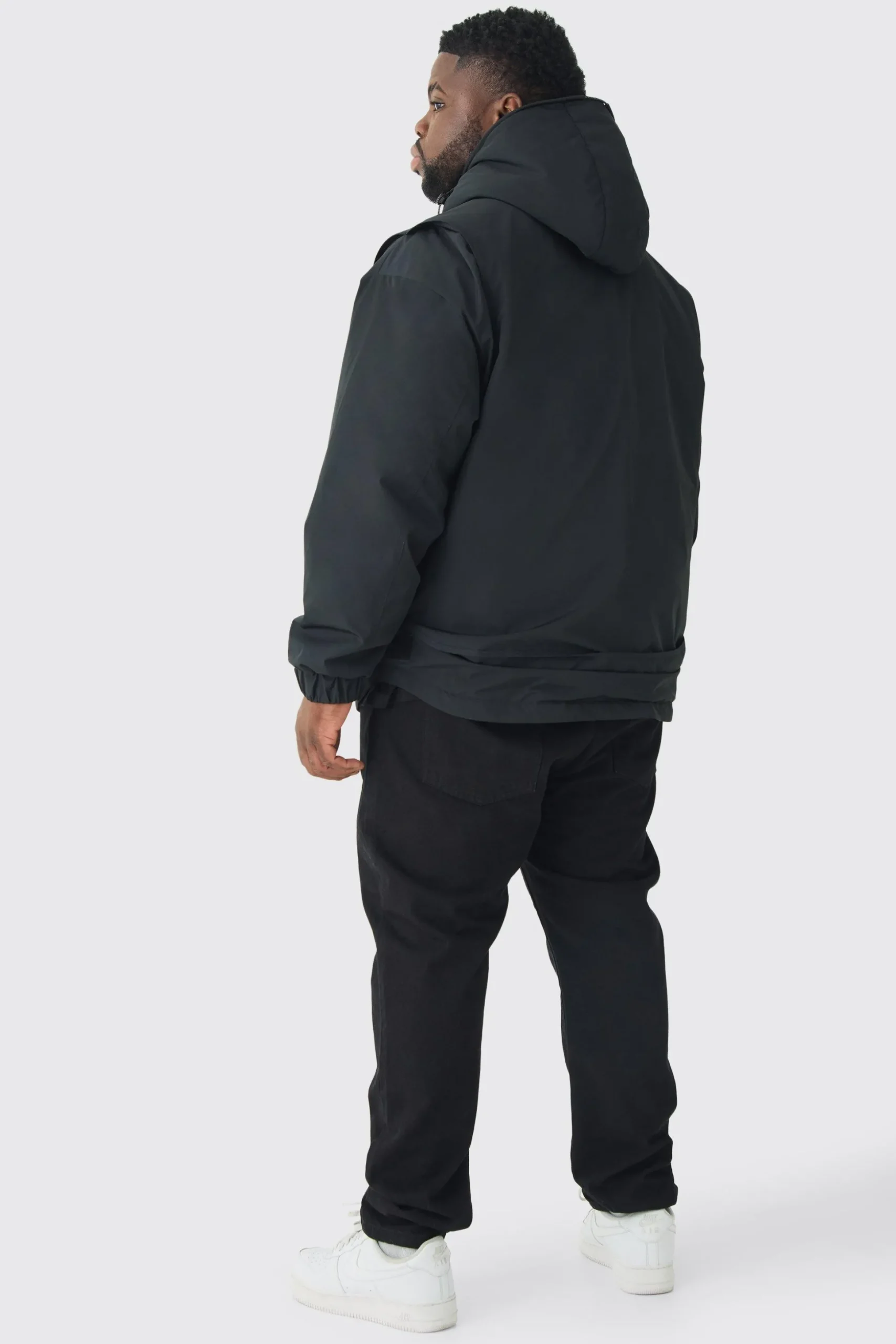 Plus Hooded Utility Tech Parka Jacket In Black | BoohooMAN UK
