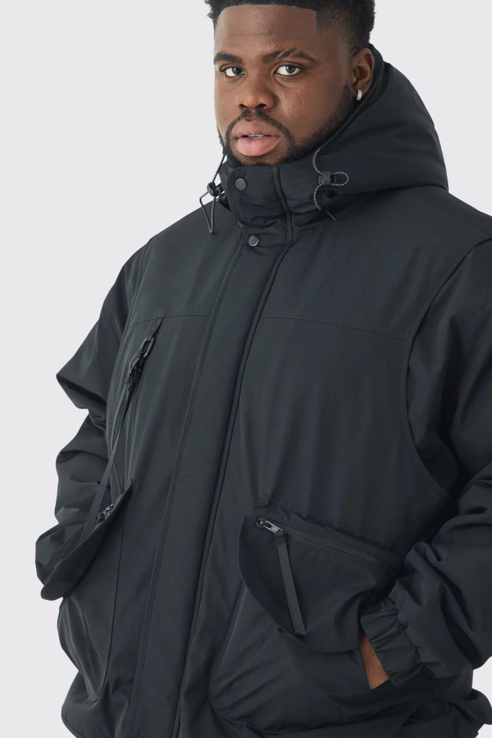 Plus Hooded Utility Tech Parka Jacket In Black | BoohooMAN UK