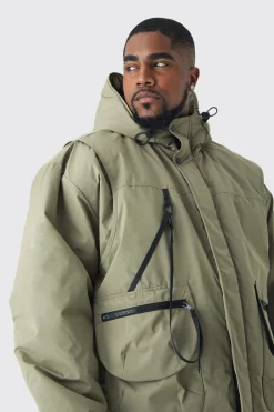 Plus Hooded Utility Tech Parka Jacket In Khaki | BoohooMAN UK