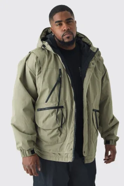 Plus Hooded Utility Tech Parka Jacket In Khaki | BoohooMAN UK
