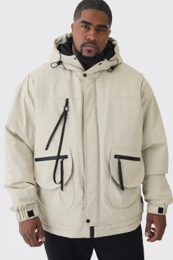 Plus Hooded Utility Tech Parka Jacket In Stone | BoohooMAN UK