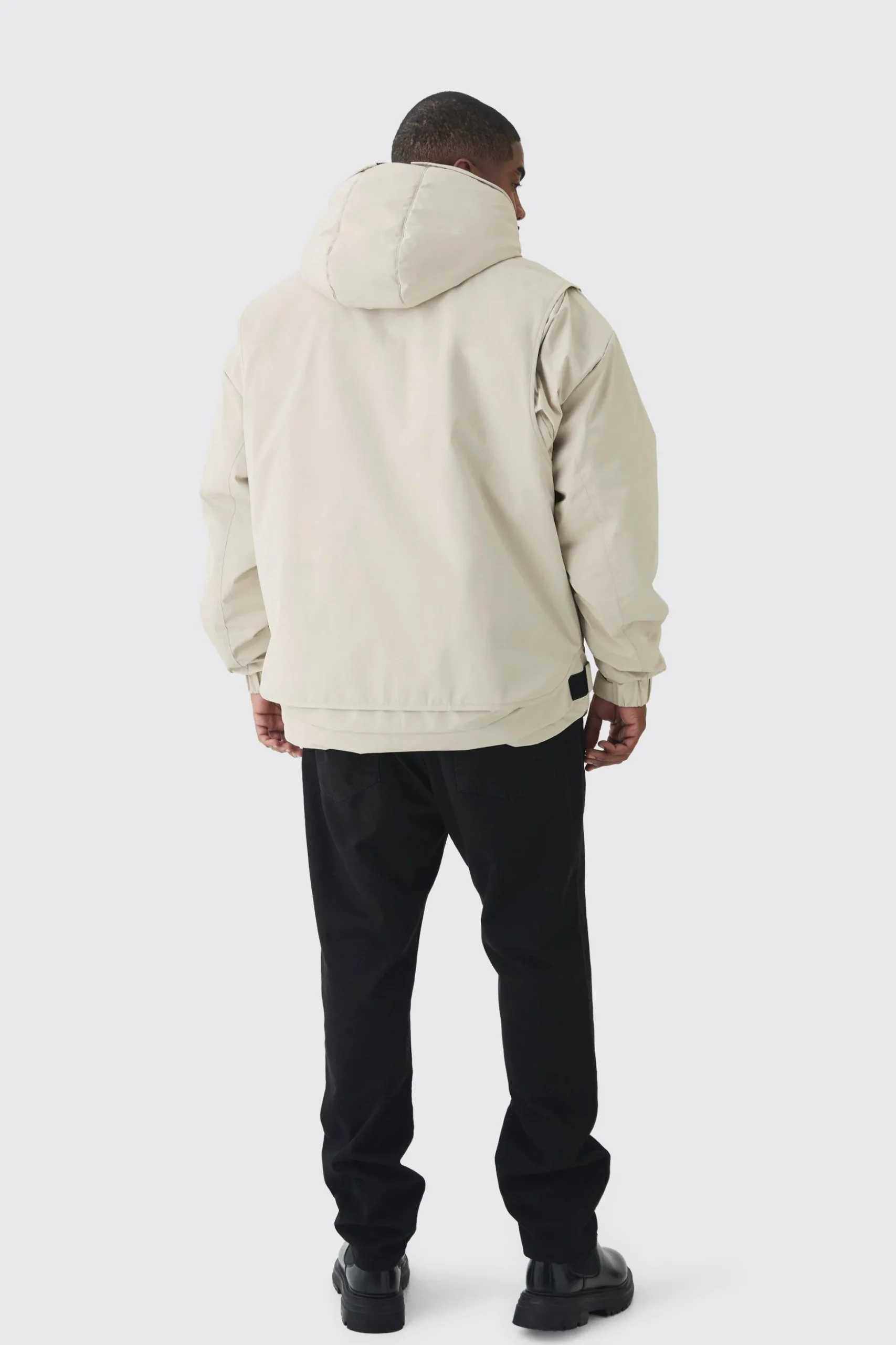 Plus Hooded Utility Tech Parka Jacket In Stone | BoohooMAN UK