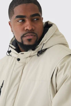 Plus Hooded Utility Tech Parka Jacket In Stone | BoohooMAN UK