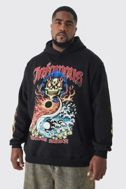 Plus Infamous Flame Print Hoodie In Black | BoohooMAN UK