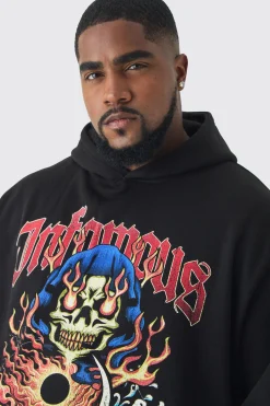 Plus Infamous Flame Print Hoodie In Black | BoohooMAN UK