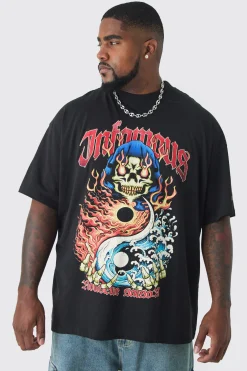 Plus Infamous Flame Print Oversized T-shirt In Black | BoohooMAN UK