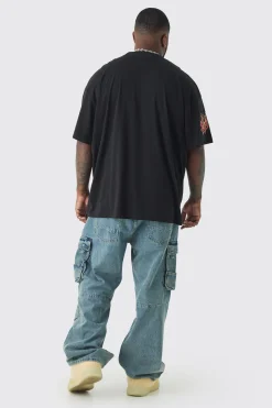 Plus Infamous Flame Print Oversized T-shirt In Black | BoohooMAN UK