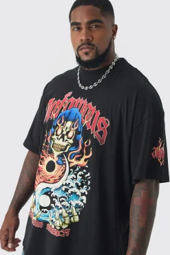 Plus Infamous Flame Print Oversized T-shirt In Black | BoohooMAN UK