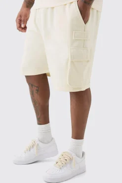 Plus Jersey Relaxed Cargo Short In Ecru | BoohooMAN UK