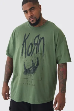 Plus Korn License Print T-shirt In Green | BoohooMAN UK
