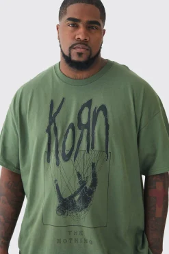 Plus Korn License Print T-shirt In Green | BoohooMAN UK