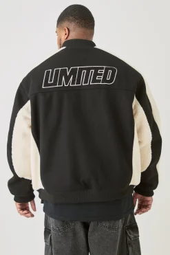 Plus Limited Applique Borg And Melton Bomber Jacket In Black | BoohooMAN UK