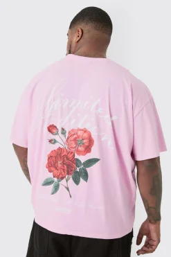 Plus Limited Edition Floral Backprint Graphic T-shirt In Pink | BoohooMAN UK