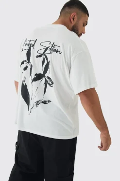Plus Limited Edition Floral Line Drawing Extended Neck T-Shirt | BoohooMAN UK