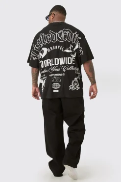 Plus Limited Edition Moto Over The Seam Graphic Back Print T-shirt In Black | BoohooMAN UK