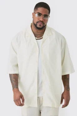 Plus Linen Drop Revere Shirt In Ecru | BoohooMAN UK