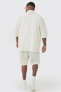 Plus Linen Drop Revere Shirt In Ecru | BoohooMAN UK
