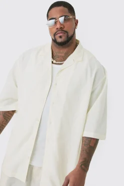 Plus Linen Drop Revere Shirt In Ecru | BoohooMAN UK