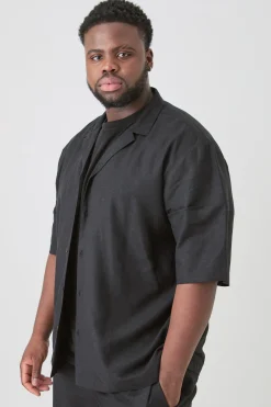 Plus Linen Drop Revere Shirt In Black | BoohooMAN UK