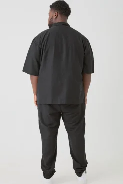 Plus Linen Drop Revere Shirt In Black | BoohooMAN UK