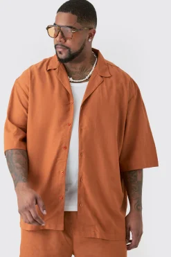 Plus Linen Drop Revere Shirt In Chocolate | BoohooMAN UK