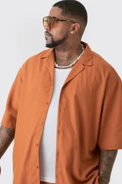 Plus Linen Drop Revere Shirt In Chocolate | BoohooMAN UK