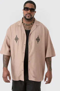 Plus Linen Embroidered Drop Revere Shirt In Taupe | BoohooMAN UK