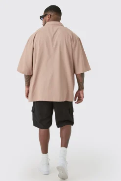 Plus Linen Embroidered Drop Revere Shirt In Taupe | BoohooMAN UK