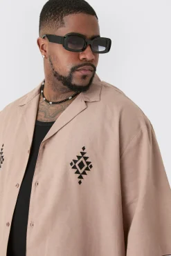 Plus Linen Embroidered Drop Revere Shirt In Taupe | BoohooMAN UK