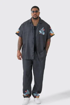 Plus Linen Look Floral Hem Shirt & Trouser Set | BoohooMAN UK