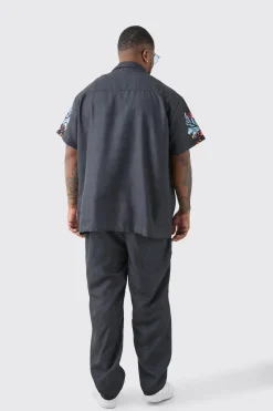 Plus Linen Look Floral Hem Shirt & Trouser Set | BoohooMAN UK