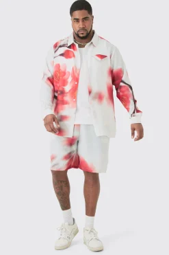 Plus Linen Look Pocket Detail Abstract Shirt & Short Set | BoohooMAN UK