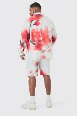 Plus Linen Look Pocket Detail Abstract Shirt & Short Set | BoohooMAN UK