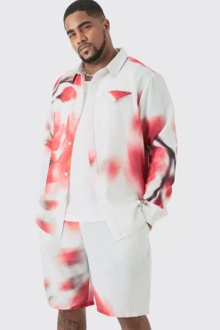 Plus Linen Look Pocket Detail Abstract Shirt & Short Set | BoohooMAN UK
