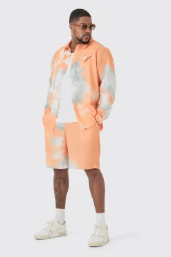 Plus Linen Look Pocket Detail Abstract Shirt & Short Set | BoohooMAN UK