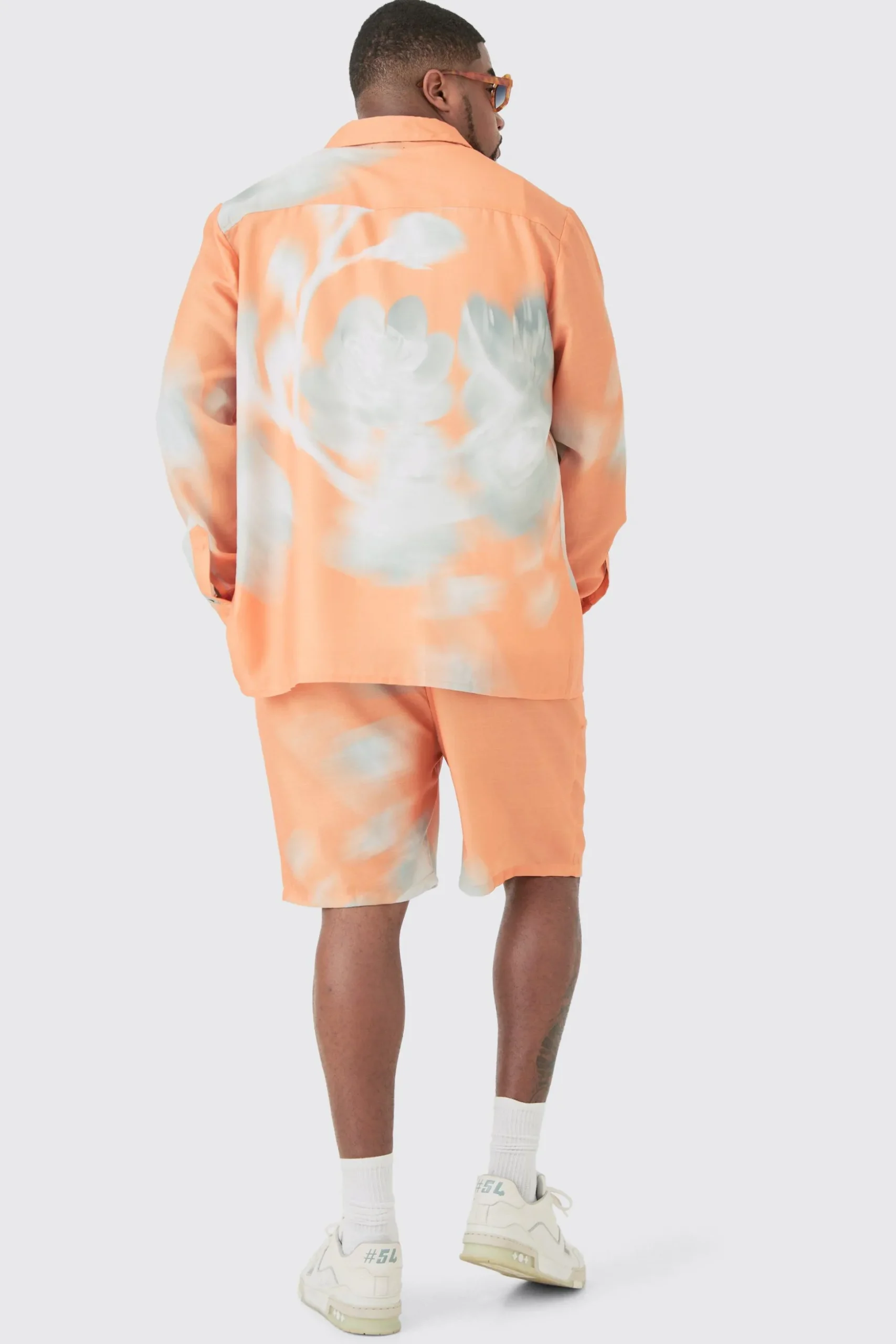 Plus Linen Look Pocket Detail Abstract Shirt & Short Set | BoohooMAN UK