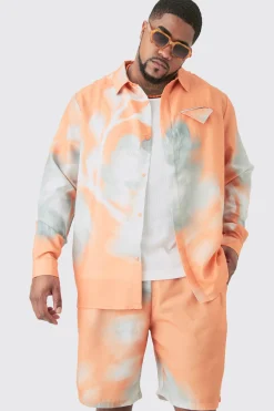 Plus Linen Look Pocket Detail Abstract Shirt & Short Set | BoohooMAN UK