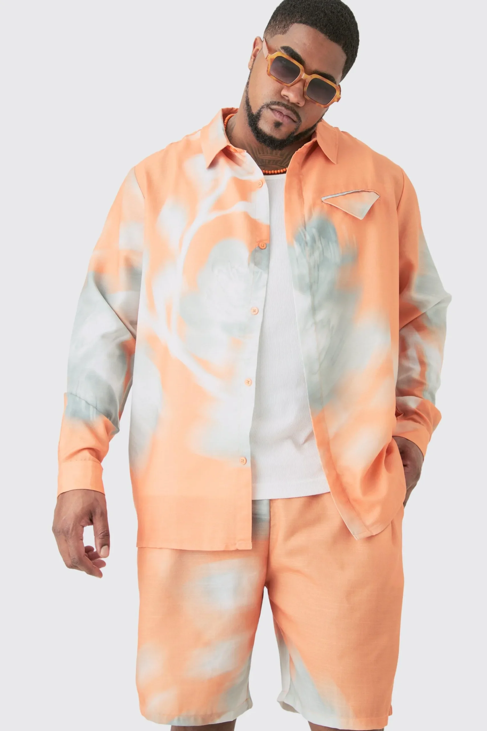 Plus Linen Look Pocket Detail Abstract Shirt & Short Set | BoohooMAN UK