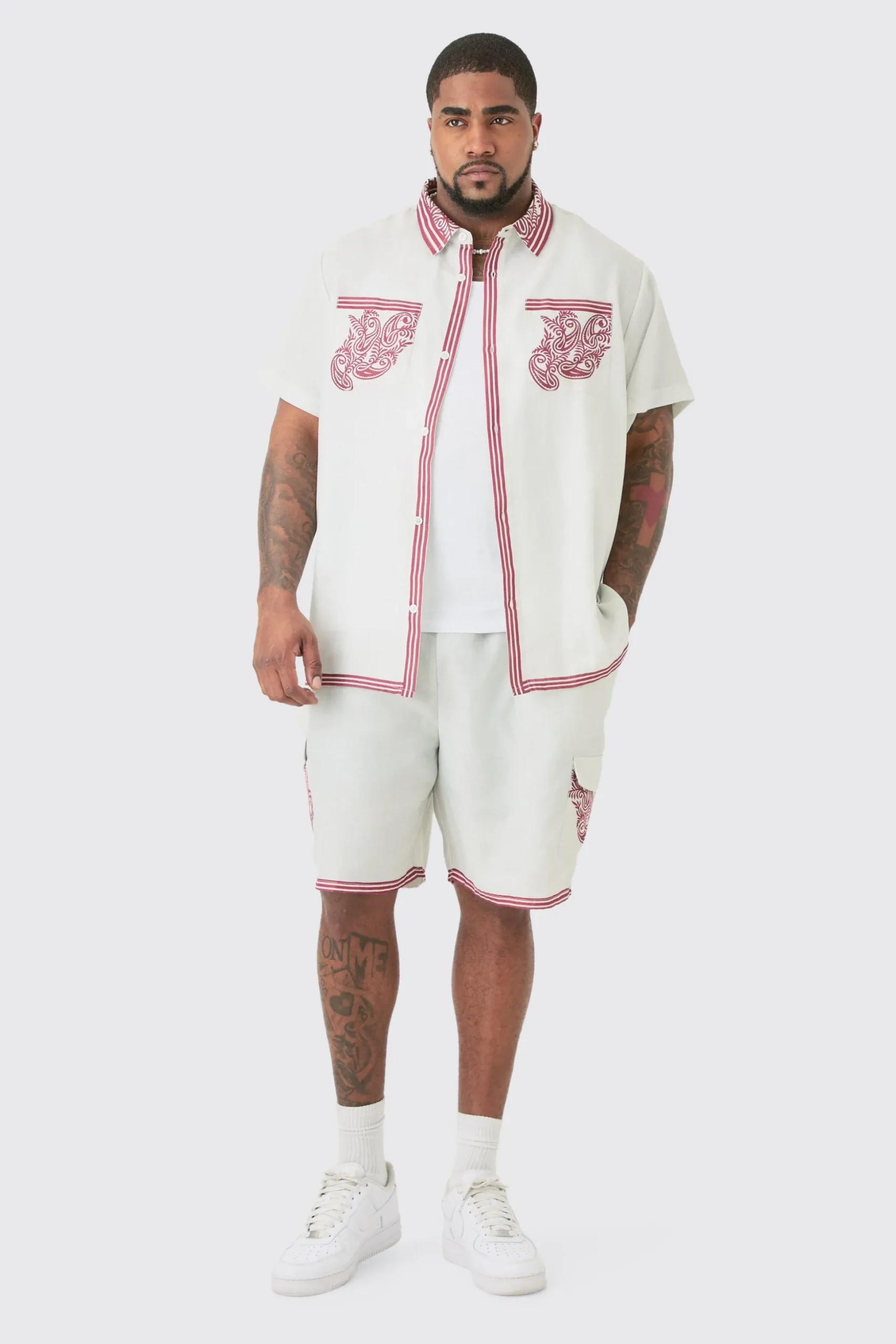 Plus Linen Look Printed Boarder Shirt & Short Set | BoohooMAN UK