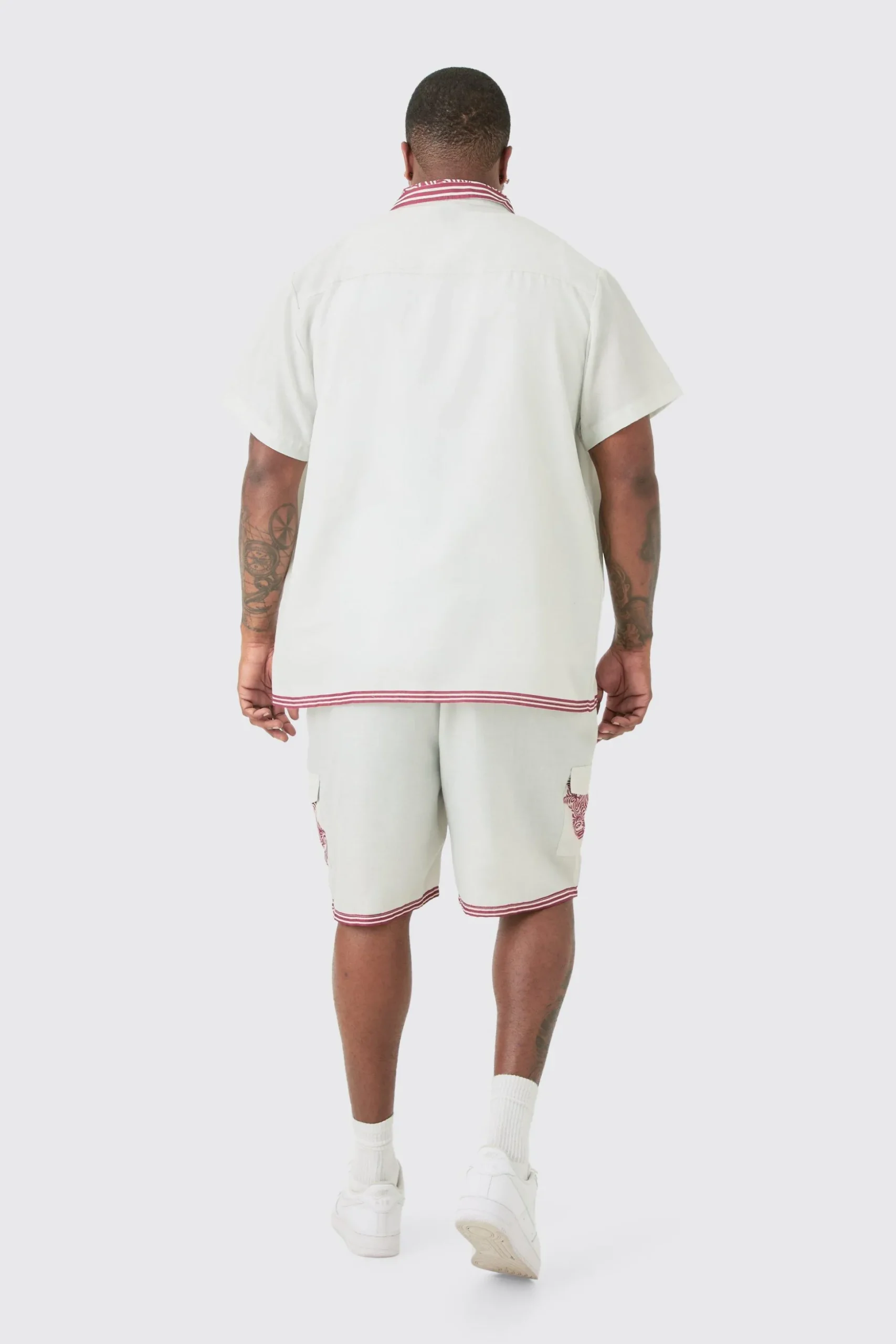 Plus Linen Look Printed Boarder Shirt & Short Set | BoohooMAN UK