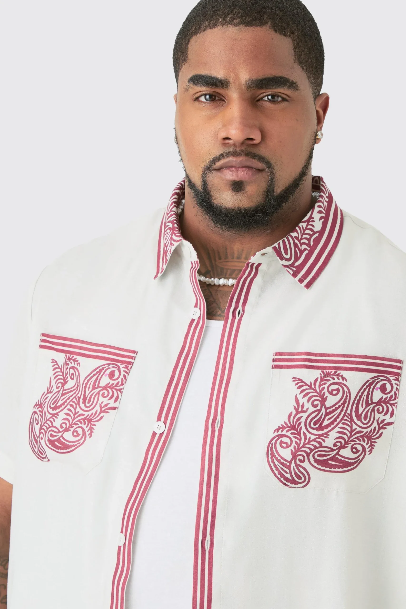 Plus Linen Look Printed Boarder Shirt & Short Set | BoohooMAN UK