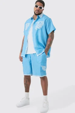Plus Linen Look Printed Boarder Shirt & Short Set | BoohooMAN UK