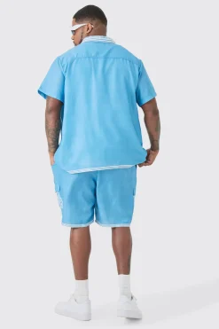 Plus Linen Look Printed Boarder Shirt & Short Set | BoohooMAN UK