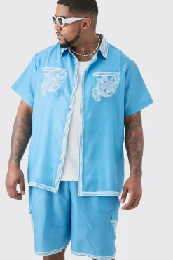 Plus Linen Look Printed Boarder Shirt & Short Set | BoohooMAN UK