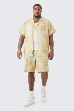 Plus Linen Look Tie Dye Paisley Embroidered Shirt & Short Set | BoohooMAN UK
