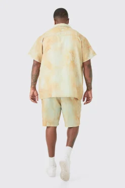 Plus Linen Look Tie Dye Paisley Embroidered Shirt & Short Set | BoohooMAN UK