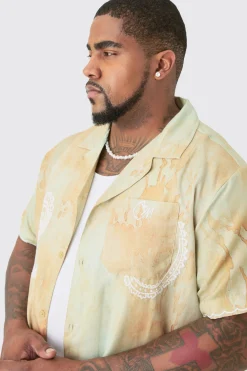 Plus Linen Look Tie Dye Paisley Embroidered Shirt & Short Set | BoohooMAN UK